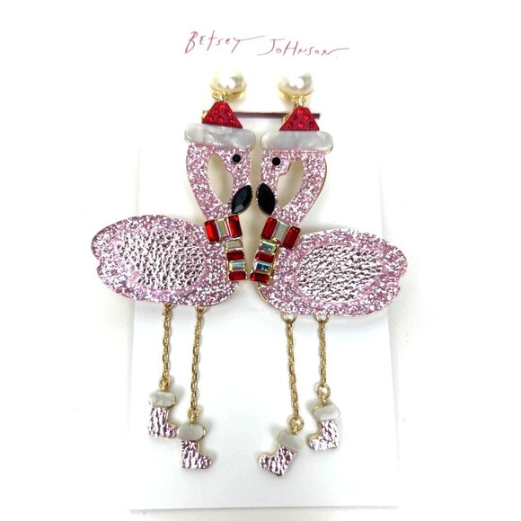 Betsey Johnson Pink Flamingo Santa Hat Earrings Holiday Dangle Glitter Whimsical - Picture 1 of 3